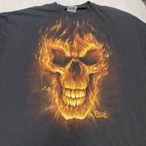 ODM T Shirt Mens 2XL Black Flame Skull Grunge Double Sided Graphic Y2K Exile